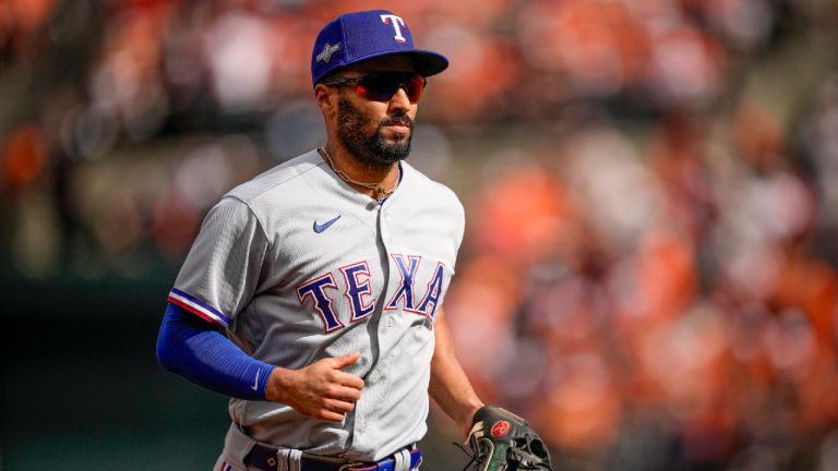 Texas Rangers second baseman Marcus Semien during Game 1 of an American League Division Series baseball game against the Baltimore Orioles, Saturday, Oct. 7, 2023, in Baltimore. (Andrew Harnik/AP)