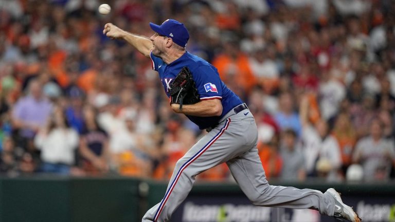 Texas Rangers starter Max Scherzer throws during the first inning of Game 6 of the baseball AL Championship Series against the Houston Astros Monday, Oct. 23, 2023, in Houston. (David J. Phillip/AP Photo)