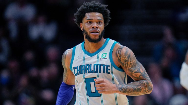 Charlotte Hornets forward Miles Bridges during the team's NBA basketball game against the Denver Nuggets on March 28, 2022, in Charlotte, N.C. (Rusty Jones/AP)
