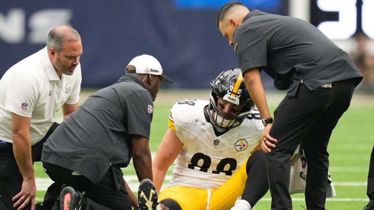 Pittsburgh Steelers tight end Pat Freiermuth (88) is injured during the second half of an NFL football game against the Houston Texans, Sunday, Oct. 1, 2023, in Houston. (Eric Christian Smith/AP)