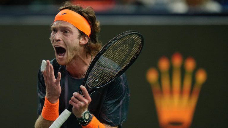 Andrey Rublev of Russia reacts during the men's singles semifinal match against Grigor Dimitrov of Bulgaria in the Shanghai Masters tennis tournament at Qizhong Forest Sports City Tennis Center in Shanghai, China, Saturday, Oct. 14, 2023. (Andy Wong/AP)