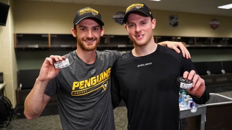 Sam Lafferty (right) and Adam Johnson (left) after scoring first NHL goals. Courtesy of Pittsburgh Penguins.