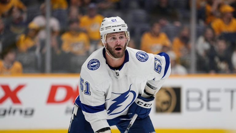 Tampa Bay Lightning forward Austin Watson (51) plays against the Nashville Predators during the first period of a preseason NHL hockey game Wednesday, Sept. 27, 2023 in Nashville, Tenn. (George Walker IV/AP)