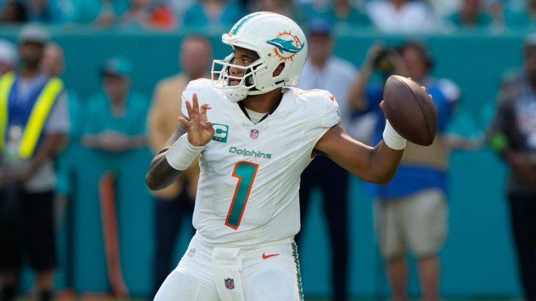 Miami Dolphins quarterback Tua Tagovailoa aims a pass during the second half of an NFL football game against the Carolina Panthers, Sunday, Oct. 15, 2023, in Miami Gardens, Fla. (Lynne Sladky/AP Photo)
