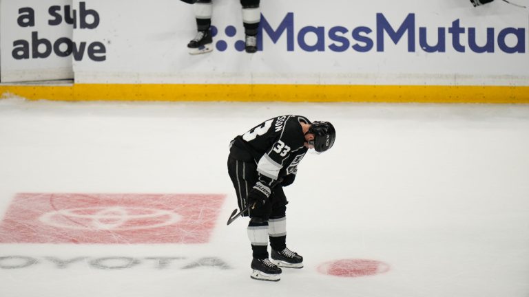 Los Angeles Kings' Viktor Arvidsson (33) reacts after the team's 5-4 loss to the Edmonton Oilers in Game 6 of an NHL hockey Stanley Cup first-round playoff series in Los Angeles on Saturday, April 29, 2023. (Jae C. Hong/AP)