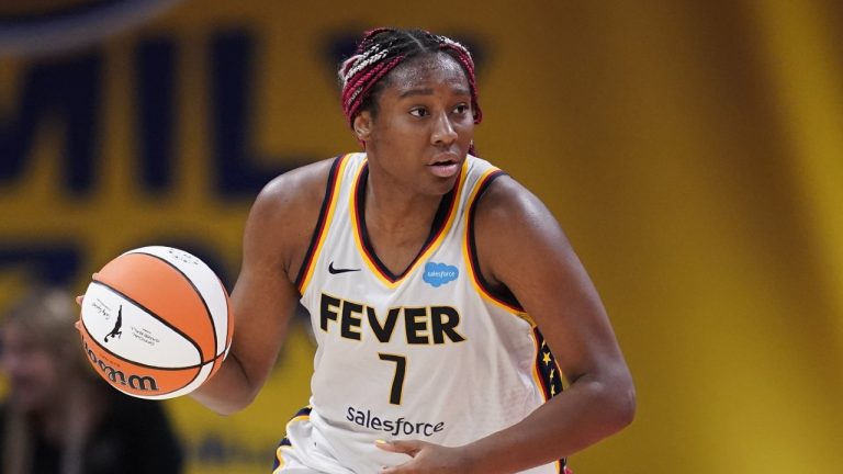 Indiana Fever's Aliyah Boston dribbles during the second half of a WNBA basketball game against the Connecticut Sun, Friday, Aug. 4, 2023, in Indianapolis. (Darron Cummings/AP)