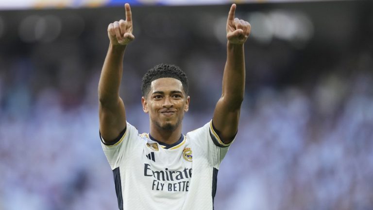 Real Madrid's Jude Bellingham celebrates after scoring his side's opening goal during Spanish La Liga soccer match between Real Madrid and Osasuna at the Santiago Bernabéu stadium in Madrid, Spain, Saturday, Oct. 7, 2023. (Jose Breton/AP)
