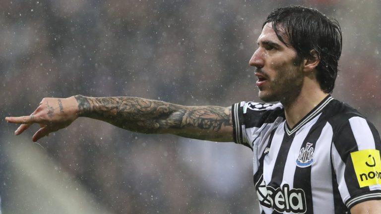Newcastle's Sandro Tonali gestures during the Champions League group F soccer match between Newcastle and Dortmund at St. James' Park, in Newcastle, England, Wednesday, Oct. 25, 2023. (Scott Heppell/AP)