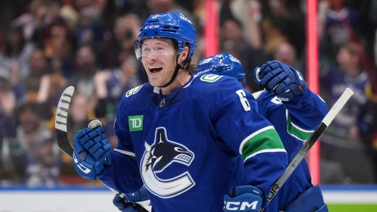 Vancouver Canucks' Brock Boeser celebrates his third goal against the Edmonton Oilers, during the second period of an NHL hockey game in Vancouver, on Wednesday, October 11, 2023. (Darryl Dyck/THE CANADIAN PRESS)
