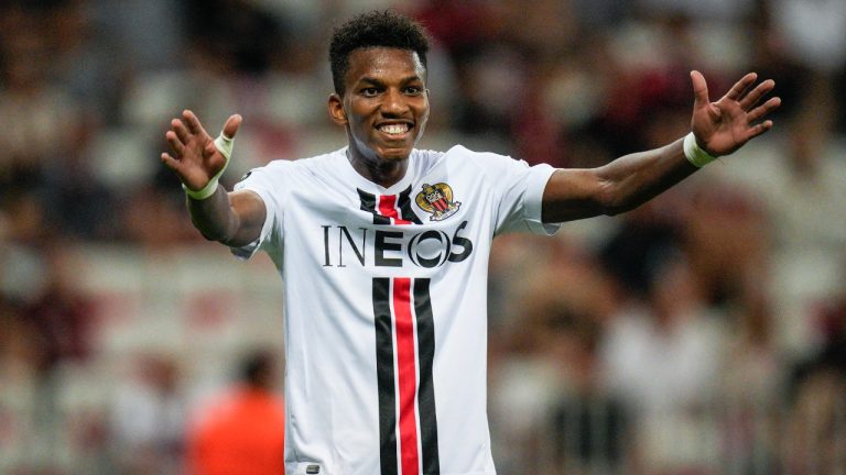 Nice's Hicham Boudaoui reacts during the Europa Conference League Group D match between Nice and FC Koln at the Allianz Riviera stadium in Nice, France, Thursday, Sept. 8, 2022. (Daniel Cole/AP)