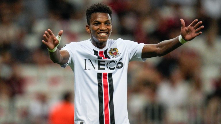 Nice's Hicham Boudaoui reacts during the Europa Conference League Group D match between Nice and FC Koln at the Allianz Riviera stadium in Nice, France, Thursday, Sept. 8, 2022. (Daniel Cole/AP)