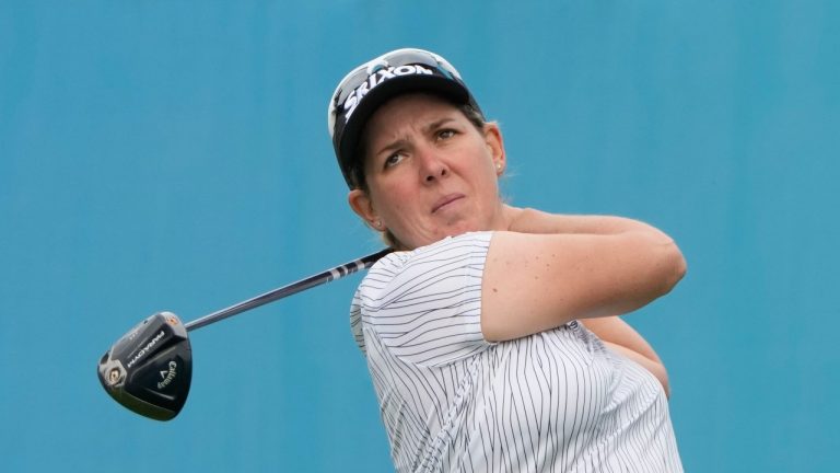 Ashleigh Buhai of South Africa watches her tee shot on the first hole during the first round of the BMW Ladies Championship at the Seowon Hills Country Club in Paju, South Korea, Thursday, Oct. 19, 2023. (Lee Jin-man/AP Photo)