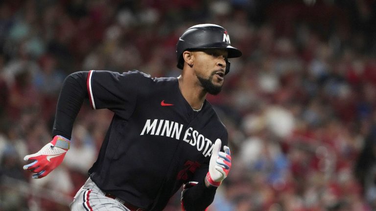 Minnesota Twins' Byron Buxton doubles during the eighth inning of a baseball game against the St. Louis Cardinals Tuesday, Aug. 1, 2023, in St. Louis. (Jeff Roberson/AP)