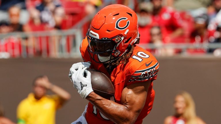 Chicago Bears wide receiver Chase Claypool (10) catches a touchdown pass during the second half of an NFL football game against the Tampa Bay Buccaneers, Sunday, Sept. 17, 2023, in Tampa, Fla. (Scott Audette/AP)