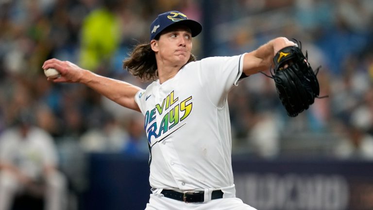 Tampa Bay Rays starting pitcher Tyler Glasnow throws against the Texas Rangers during the first inning of Game 1 in an AL wild-card baseball playoff series game, Tuesday, Oct. 3, 2023, in St. Petersburg, Fla. (John Raoux/AP Photo)