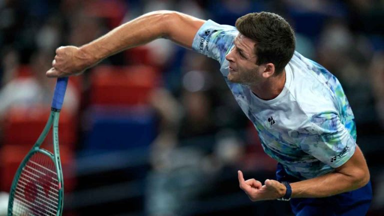 Hubert Hurkacz of Poland serves against Andrey Rublev of Russia during the men's singles final match of the Shanghai Masters tennis tournament at Qizhong Forest Sports City Tennis Center in Shanghai, China. (Andy Wong/AP)