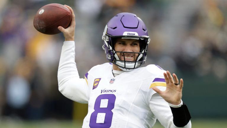Minnesota Vikings quarterback Kirk Cousins (8) warms up before an NFL football game against the Green Bay Packers, Sunday, Oct. 29, 2023, in Green Bay, Wis. (Matt Ludtke/AP)