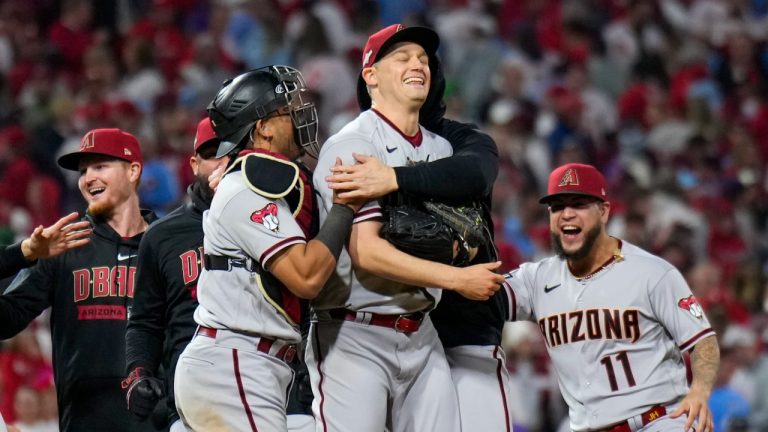 Arizona Diamondbacks relief pitcher Paul Sewald celebrates their win against the Philadelphia Phillies in Game 7 of the NL Championship Series.(Matt Slocum/AP Photo)