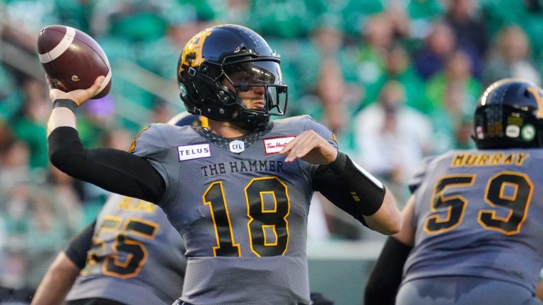 Hamilton Tiger-Cats quarterback Matthew Shiltz (18) throws against Saskatchewan Roughriders during the first half of CFL football action at Mosaic Stadium in Regina, on Saturday, October 7, 2023. (Heywood Yu/CP)