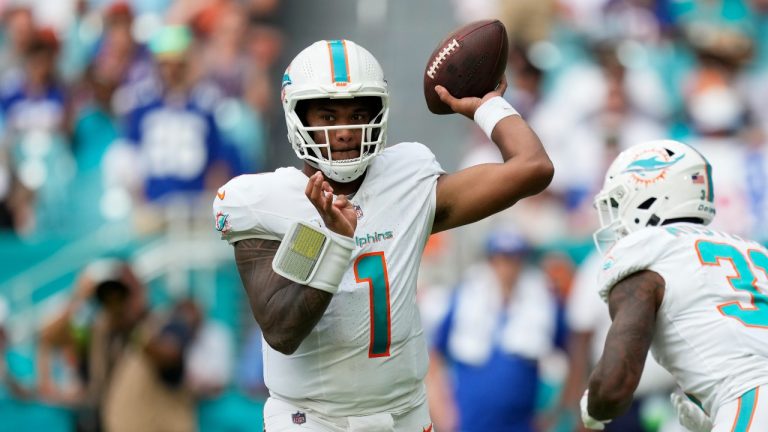 Miami Dolphins quarterback Tua Tagovailoa (1) aims a pass during the second half of an NFL football game against the New York Giants, Sunday, Oct. 8, 2023, in Miami Gardens, Fla. (Rebecca Blackwell/AP Photo)