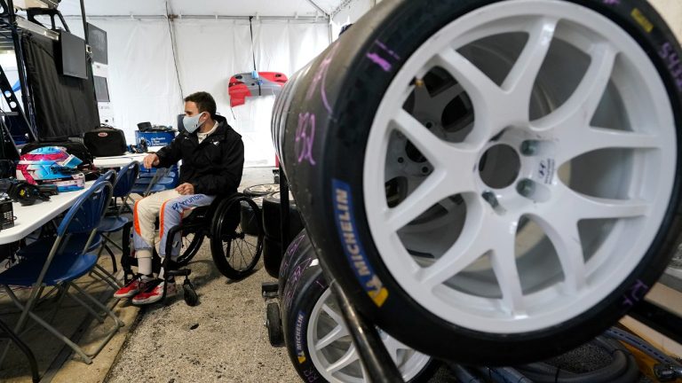 FILE - Robert Wickens in his pit stall, prepares to go out on the track during practice for the Rolex 24 hour auto race at Daytona International Speedway, Thursday, Jan. 27, 2022, in Daytona Beach, Fla. Wickens is the championship leader headed into Friday's Michelin Pilot Challenge season finale at Road Atlanta in Braselton, Georgia. (John Raoux/AP)
