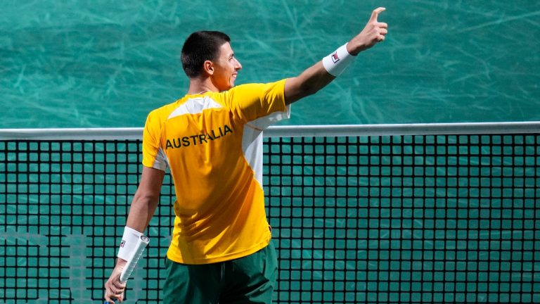 Australia's Alexei Popyrin celebrates after beating Finland's Otto Virtanen in a Davis Cup semi-final tennis match between Finland and Australia in Malaga, Spain, Friday, Nov. 24, 2023. (Manu Fernandez/AP Photo)