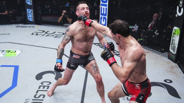 Canadian Olivier Aubin-Mercier (right) connects with American (Cassigus) Clay Collard on Saturday, Nov. 23, 2023 in Washington. Mercier won a decision to claim won the PFL lightweight title and US$1 million for the second year in a row. (CP/HO/Professional Fighters League-Cooper Neil)