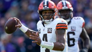 Cleveland Browns quarterback Deshaun Watson passes against the Baltimore Ravens during the first half on an NFL football game Sunday, Nov. 12, 2023, in Baltimore. (Susan Walsh/AP)