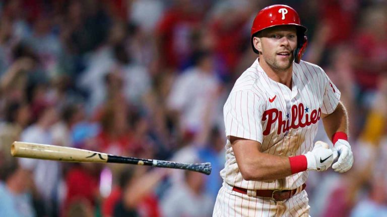 Rhys Hoskins’ contract with the Brewers allows him to opt out of the deal after the 2024 season. (Chris Szagola/AP)