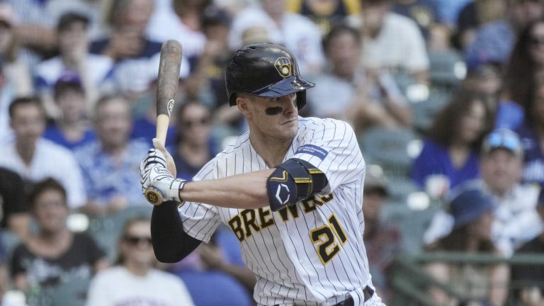 Milwaukee Brewers' Mark Canha during the first inning of a baseball game against the Chicago Cubs Sunday, Oct. 1, 2023, in Milwaukee. (Morry Gash/AP)