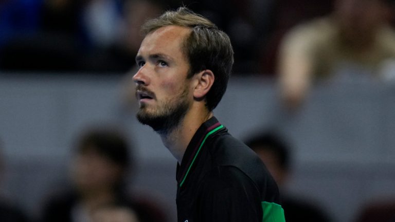 Daniil Medvedev of Russia reacts after losing a set point to Jannik Sinner of Italy during the men's singles final match in the China Open tennis tournament at the Diamond Court in Beijing, Wednesday, Oct. 4, 2023. (Andy Wong/AP) 