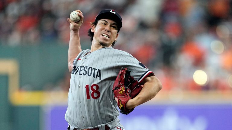 Minnesota Twins relief pitcher Kenta Maeda throws during the fourth inning in Game 1 of an American League Division Series baseball game against the Houston Astros, Saturday, Oct. 7, 2023, in Houston. (Tony Gutierrez/AP)