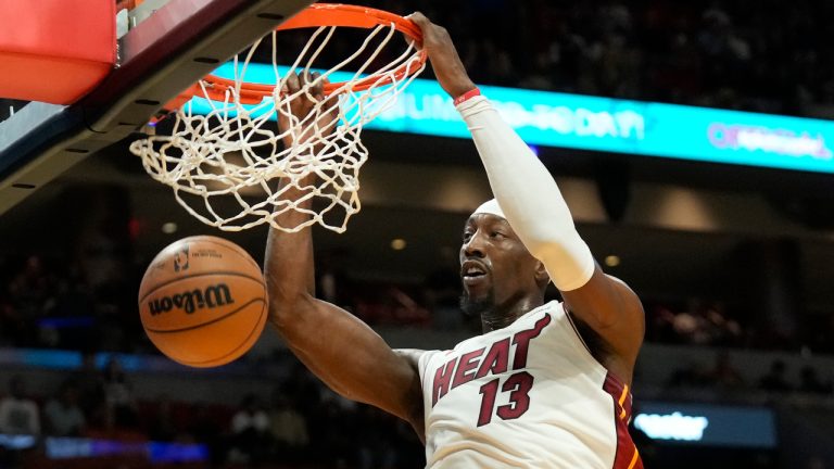 Miami Heat centre Bam Adebayo dunks the ball during the first half of an NBA basketball game against the Brooklyn Nets, Wednesday, Nov. 1, 2023, in Miami. (Wilfredo Lee/AP) 