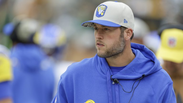 Los Angeles Rams quarterback Matthew Stafford walks on the sidelines during an NFL football game between the Green Bay Packers and Los Angeles Rams Sunday, Nov. 5, 2023, in Green Bay, Wis. (Matt Ludtke/AP)