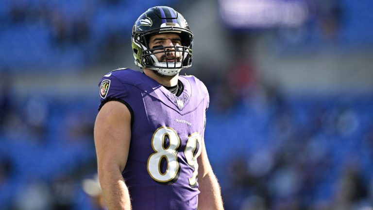 Baltimore Ravens tight end Mark Andrews looks on during pre-game warm-ups before an NFL football game against the Cleveland Browns, Sunday, Nov. 12, 2023, in Baltimore. (Terrance Williams/AP)