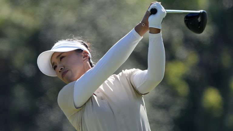 Amy Yang, of South Korea, plays her shot from the third tee during the final round of the LPGA CME Group Tour Championship golf tournament, Sunday, Nov. 19, 2023, in Naples, Fla. (Lynne Sladky/AP)