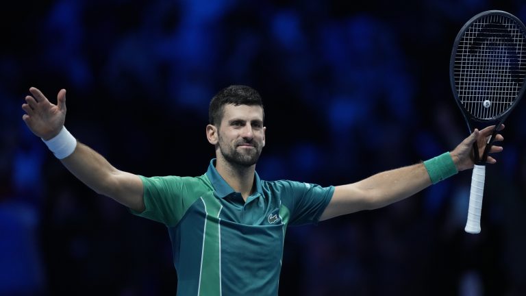 Serbia's Novak Djokovic celebrates after winning the singles final tennis match of the ATP World Tour Finals at the Pala Alpitour, in Turin, Italy, Sunday, Nov. 19, 2023. (Antonio Calanni/AP)