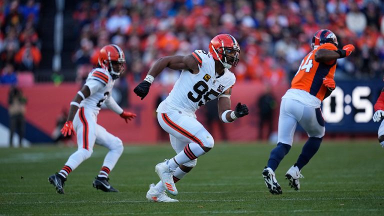 Cleveland Browns defensive end Myles Garrett in action during the first half of an NFL football game against the Denver Broncos on Sunday, Nov. 26, 2023, in Denver. (Jack Dempsey/AP)