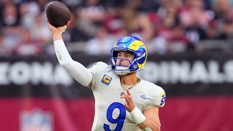 Los Angeles Rams quarterback Matthew Stafford throws a pass during the first half of an NFL football game against the Arizona Cardinals, Sunday, Nov. 26, 2023, in Glendale, Ariz. (Matt York/AP)