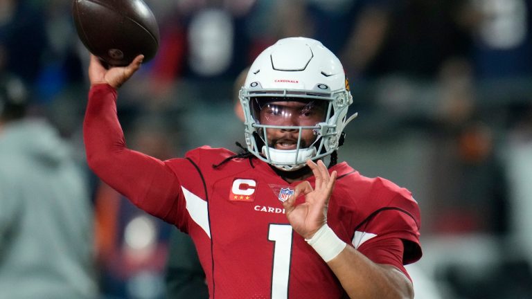 Arizona Cardinals quarterback Kyler Murray (1) warms up before an NFL football game against the New England Patriots, Monday, Dec. 12, 2022, in Glendale, Ariz. (Ross D. Franklin/AP) 