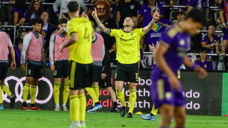 Columbus Crew forward Christian Ramirez, middle, celebrates after scoring a goal against Orlando City during over-time of an MLS soccer playoff match, Saturday, Nov. 25, 2023, in Orlando, Fla. (Kevin Kolczynski/AP)