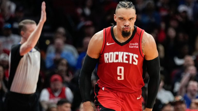 Houston Rockets forward Dillon Brooks (9) reacts after making a 3-point basket against the Charlotte Hornets during the second half of an NBA basketball game Wednesday, Nov. 1, 2023, in Houston. (Eric Christian Smith/AP)
