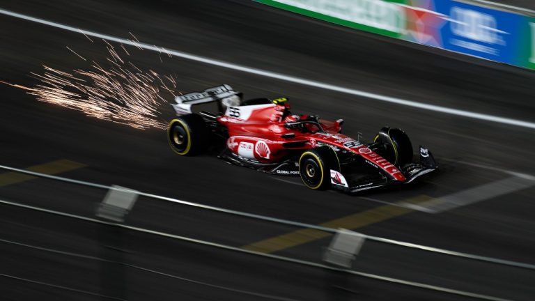 Ferrari driver Carlos Sainz, of Spain, drives during the second practice for the Formula One Las Vegas Grand Prix auto race, Friday, Nov. 17, 2023, in Las Vegas. (John Locher/AP)