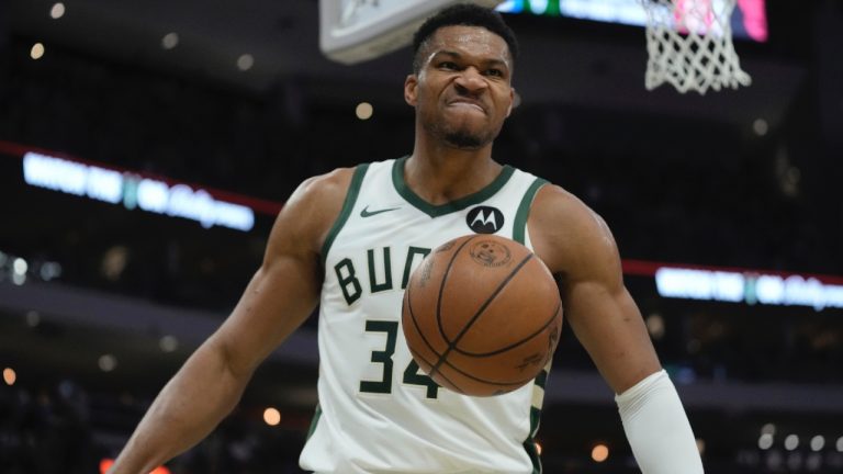 Milwaukee Bucks' Giannis Antetokounmpo reacts after a dunk during the first half of an NBA basketball game Monday, Nov. 13, 2023, in Milwaukee. (Morry Gash/AP)