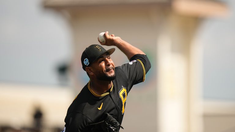 Pittsburgh Pirates relief pitcher Jarlin Garcia (66) delivers in the second inning during a spring training baseball game against the Baltimore Orioles, Tuesday, Feb. 28, 2023, in Bradenton, Fla. (Brynn Anderson/AP)