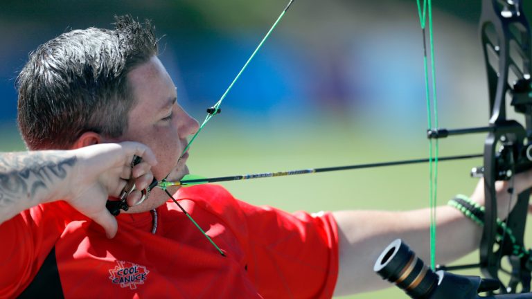 Kyle Tremblay takes aim during the Men's Open Compound Para Archery Semifinals at the Santiago 2023 Parapan American Games in Santiago, Chile, Monday, Nov. 20, 2023. (CP/HO-Santiago 2023, Photosport, Felipe Poga) 
