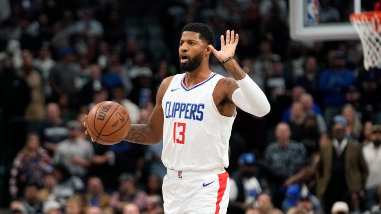 LA Clippers forward Paul George dribbles during the first half of an NBA basketball game against the Dallas Mavericks in Dallas, Friday, Nov. 10, 2023. (LM Otero/AP)