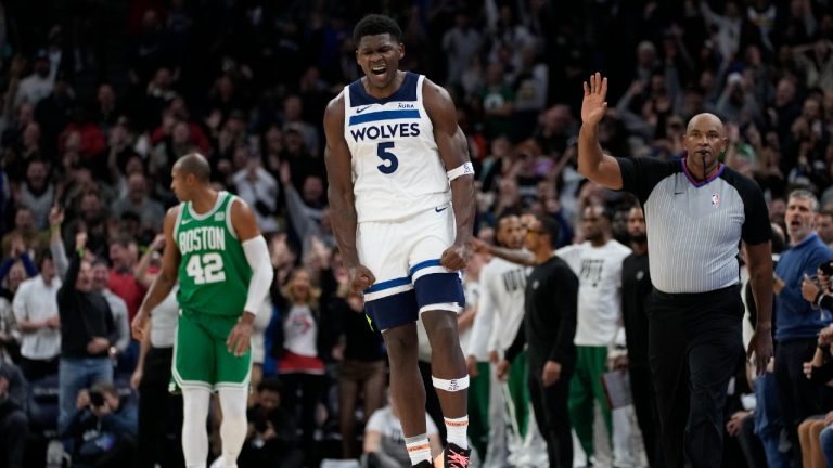 Minnesota Timberwolves guard Anthony Edwards (5) celebrates after making a shot during overtime of an NBA basketball game against the Boston Celtics, Monday, Nov. 6, 2023, in Minneapolis. (Abbie Parr/AP)