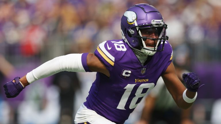 Minnesota Vikings wide receiver Justin Jefferson (18) in action during the first half of an NFL football game against the Los Angeles Chargers, Sunday, Sept.24, 2023 in Minneapolis. (Stacy Bengs/AP)