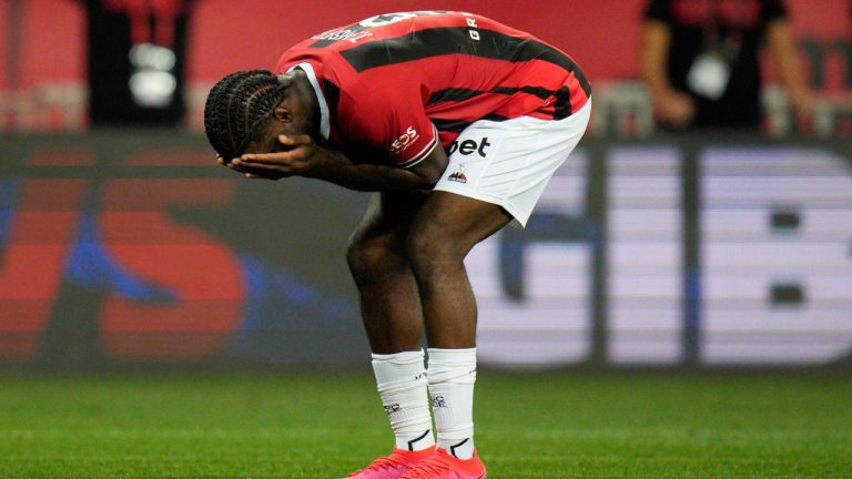 Nice's Terem Moffi reacts after missing a scoring chance during the French League One soccer match between Nice and Marseille at the Allianz Riviera stadium in Nice, France, Saturday, Oct. 21, 2023. (Daniel Cole/AP Photo)